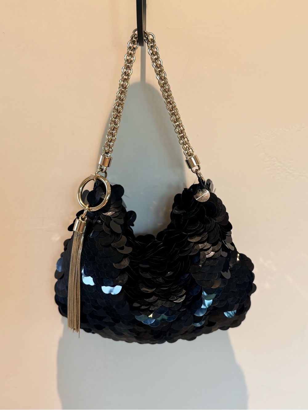 Jimmy Choo Black Sequin Shoulder Bag with Gold Chain